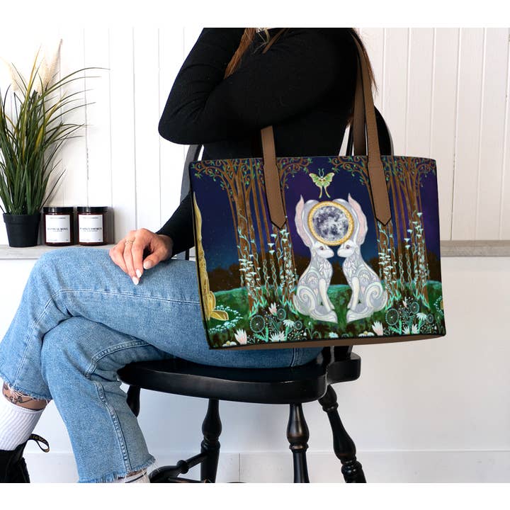 RiverWood Forest - Wholesale Tote Bag - Women's - Ostara White Rabbit Luna Moth Vegan Leather Tote Bag Purse2