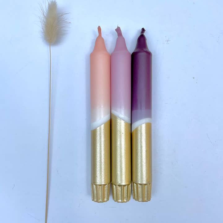 Aubergine, Heather, Blush Pink & Gold Dip Dye Dinner Candles for wholesale by The Singing Rabbit