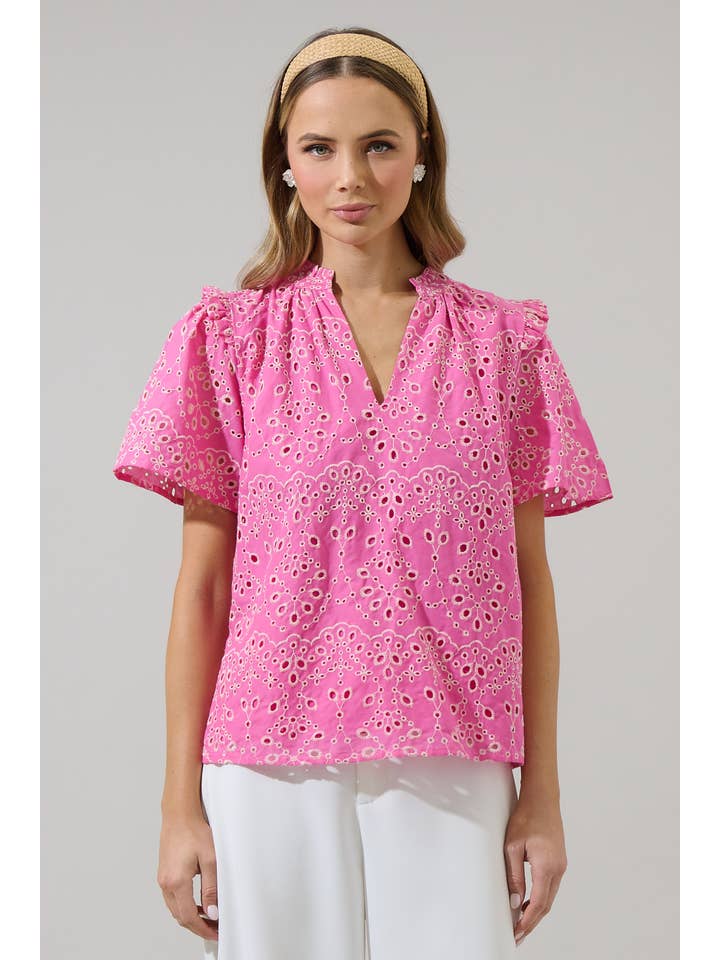 Fuschia Rosie Eyelet Mei Split Neck Top for wholesale on Faire