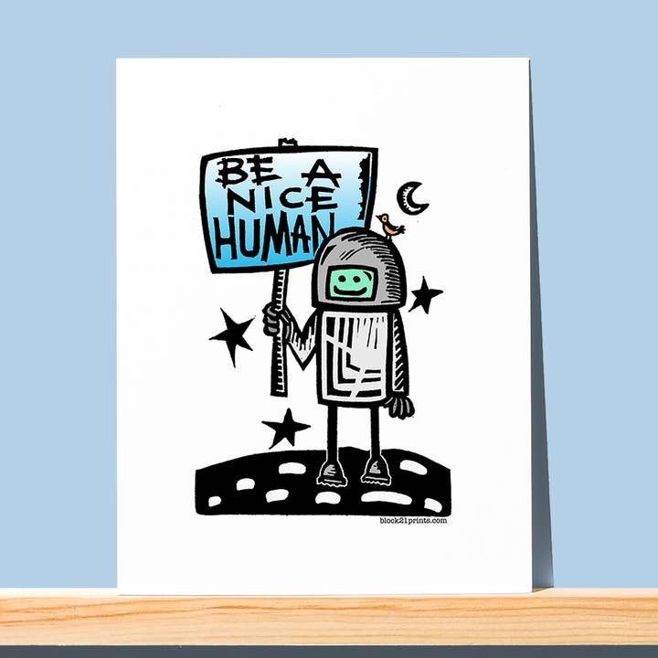 Be A Nice Human Spaceman Blank Greeting Card Positivity for wholesale by Block21Prints