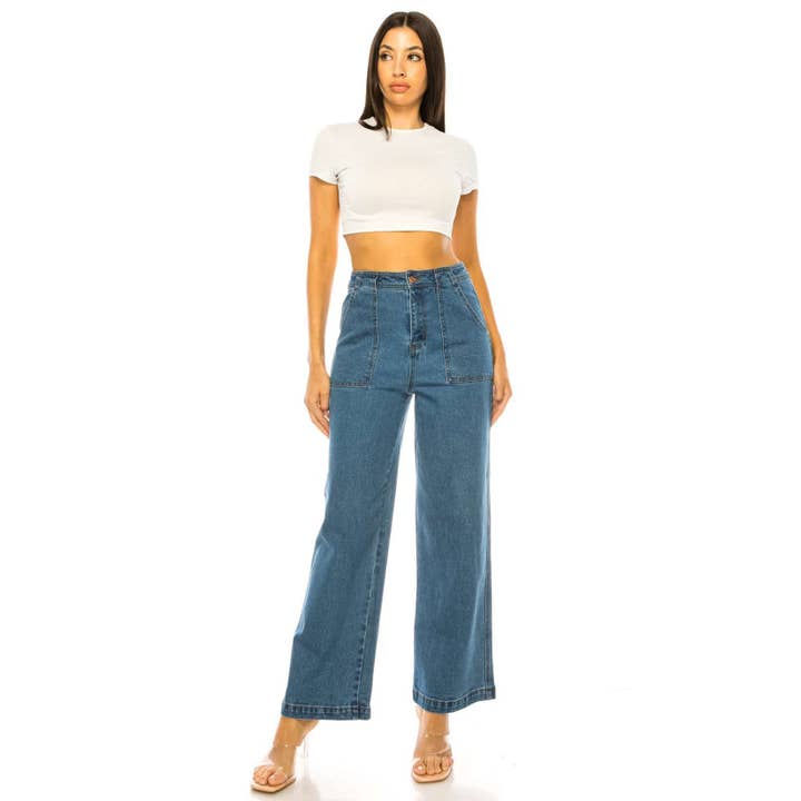 FRONT PORK CHOP POCKET MEDIUM WASH DENIM JEAN PANTS for wholesale on Faire