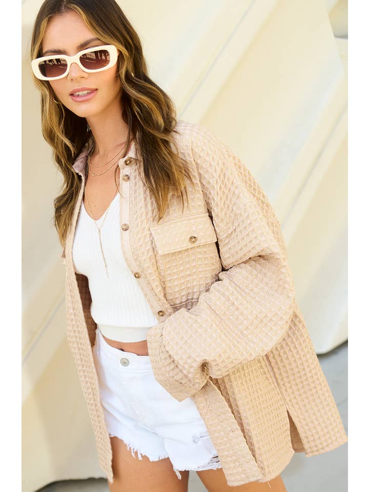 La Miel - Wholesale Shirt Jacket/Shacket - Women’s - JKT1793-Unique Waffle Textured Oversized Button Down Shacket13