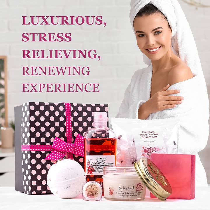 Relaxcation - Vente Set de bain et corps - Coffret cadeau spa bain premium à pois pour femmes, panier artisanal naturel et biologique avec bougie, bombe de bain, savon, sel de bain, barre de bulles, baume à lèvres4