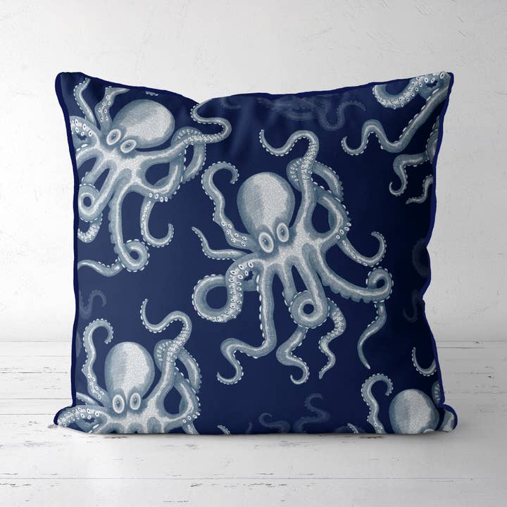 Random Octopus White on Blue Coastal Throw Pillow Cushion for wholesale by FabFunky Ltd