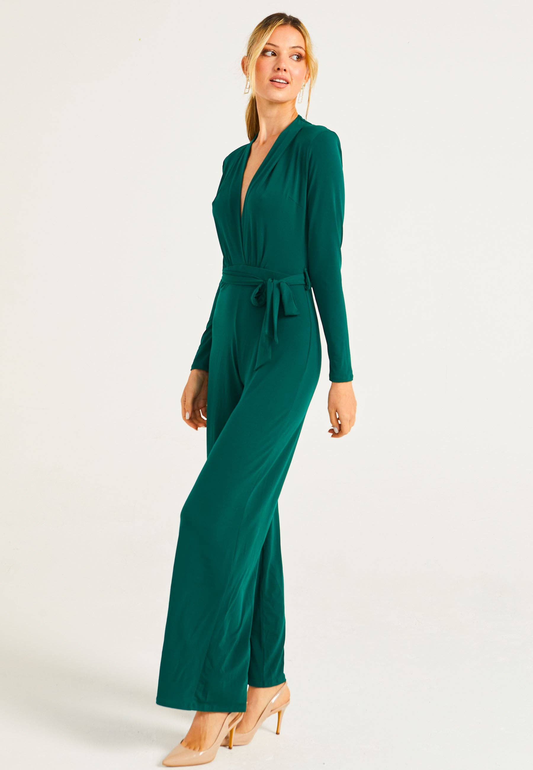 ANGELEYE – wholesale Jumpsuit – Women's – Plunge Neck Wide Leg Jumpsuit With Long Sleeves in Green3
