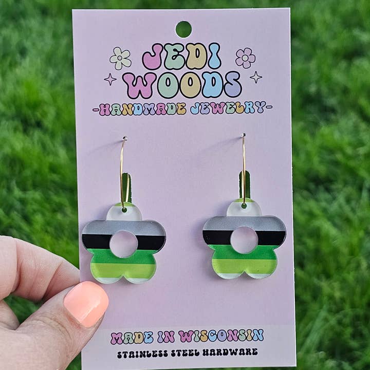 Jedi Woods LLC - Wholesale Dangle Earrings - Aromantic and Agender Pride Flag Flower Earrings4