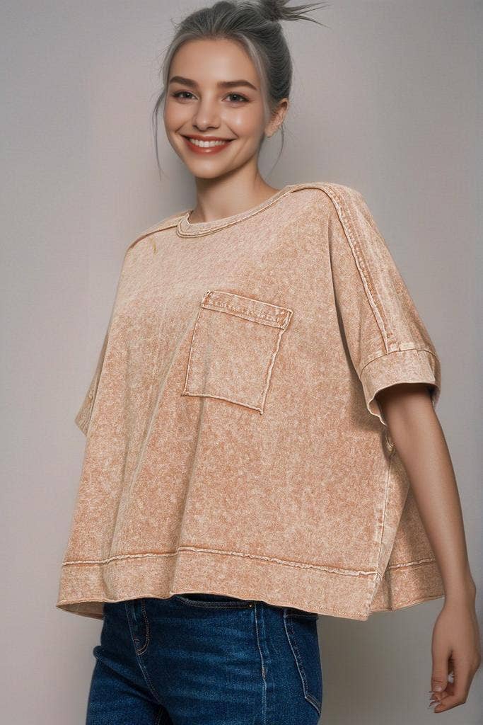 42POPS - Wholesale Knit Top - Women's - `.Washed Exposed Seam Oversized Tee31
