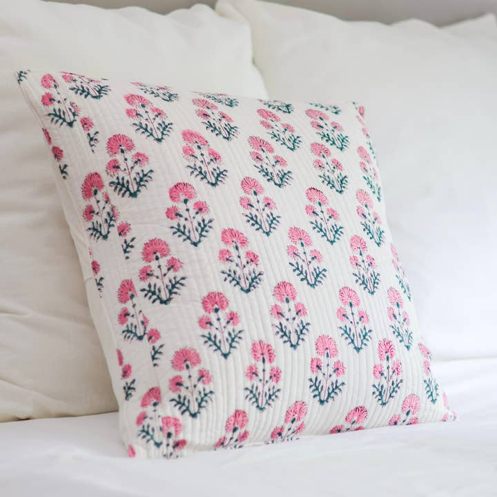 Almofada de Impressão em Bloco Rosa Mughal, Acolchoada por atacado de Kalyana Textiles