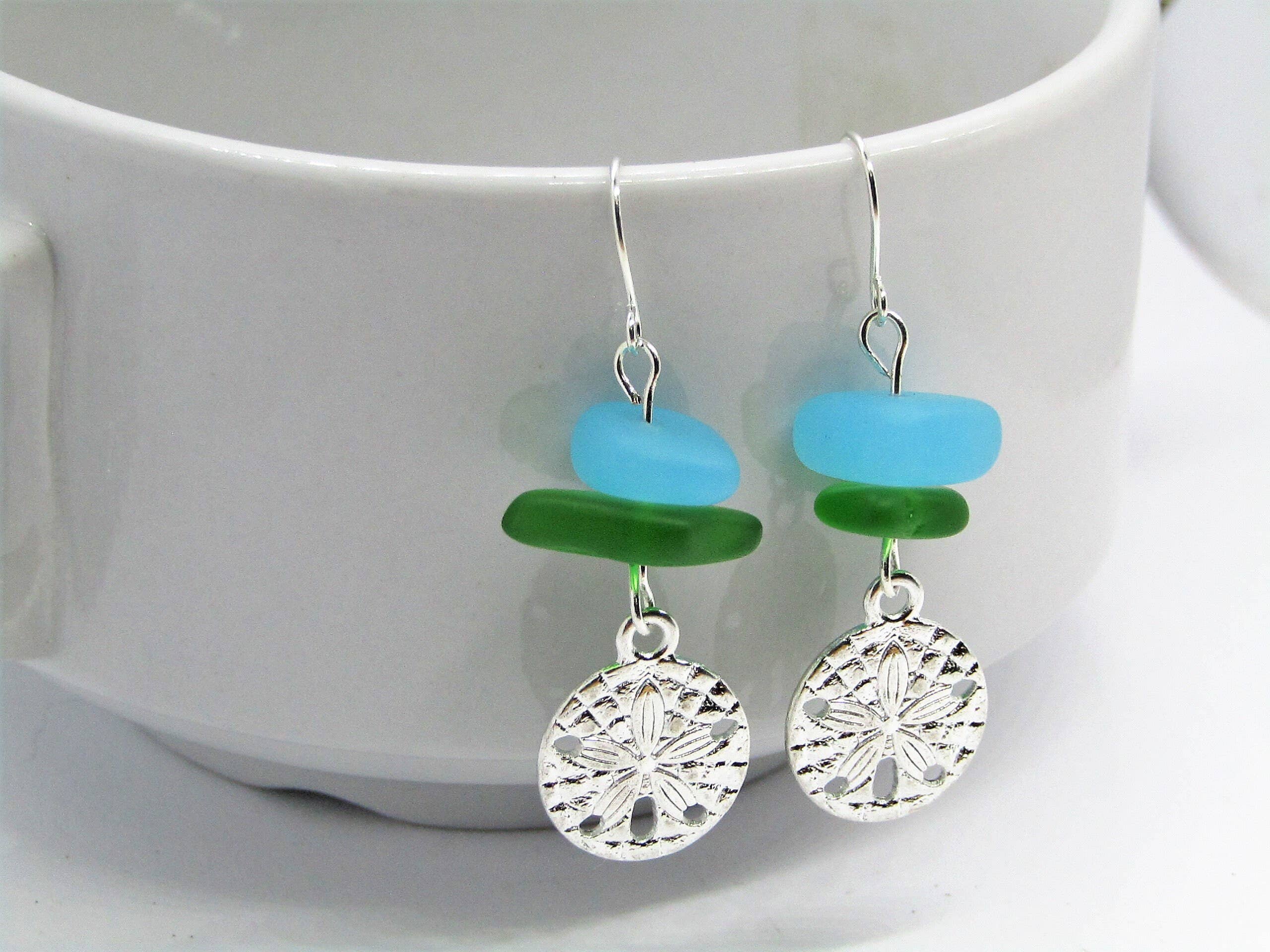 Bad Apple Designs - Wholesale Dangle Earrings - Frosted Sea Glass Earrings: Silver Sand Dollar Dangles #21