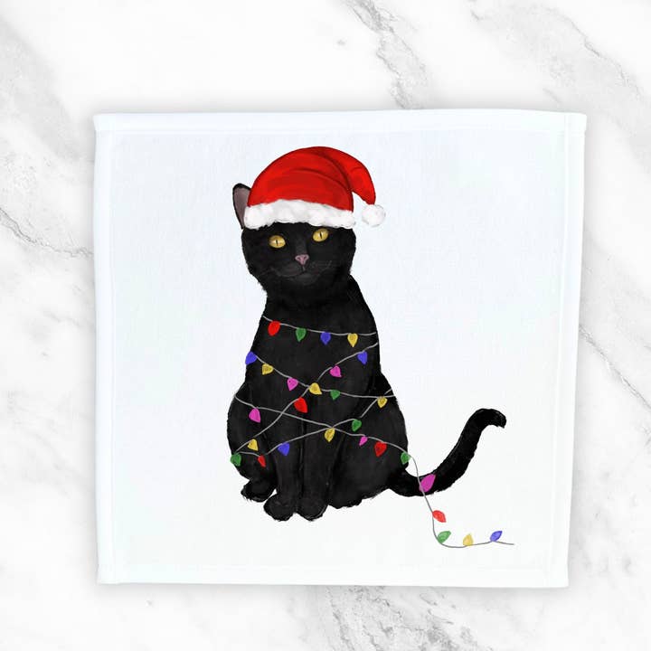 Gant de toilette Chat noir Lumières de Noël pour la vente par MerikaArt