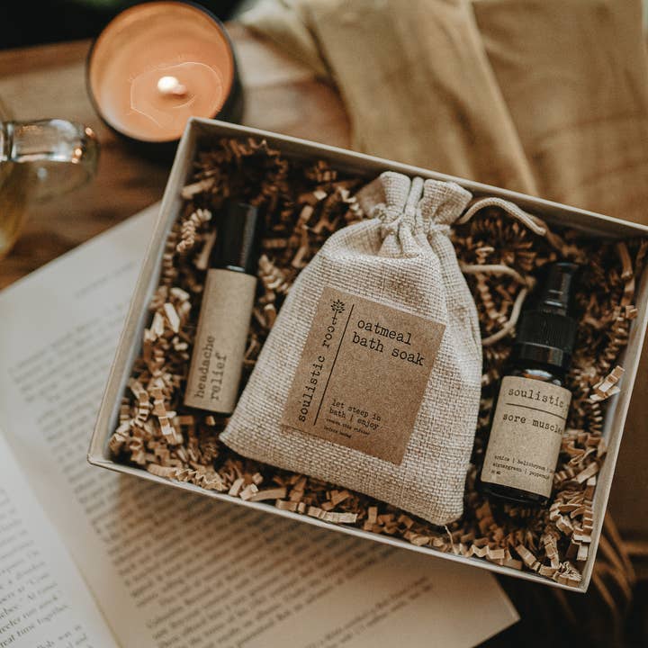Soulistic Root - Essential Oils & Self Care Gifts - Wholesale Bath & Body Set - Gift Set | Sore Muscle Relief | Headache | Oatmeal Bath Soak