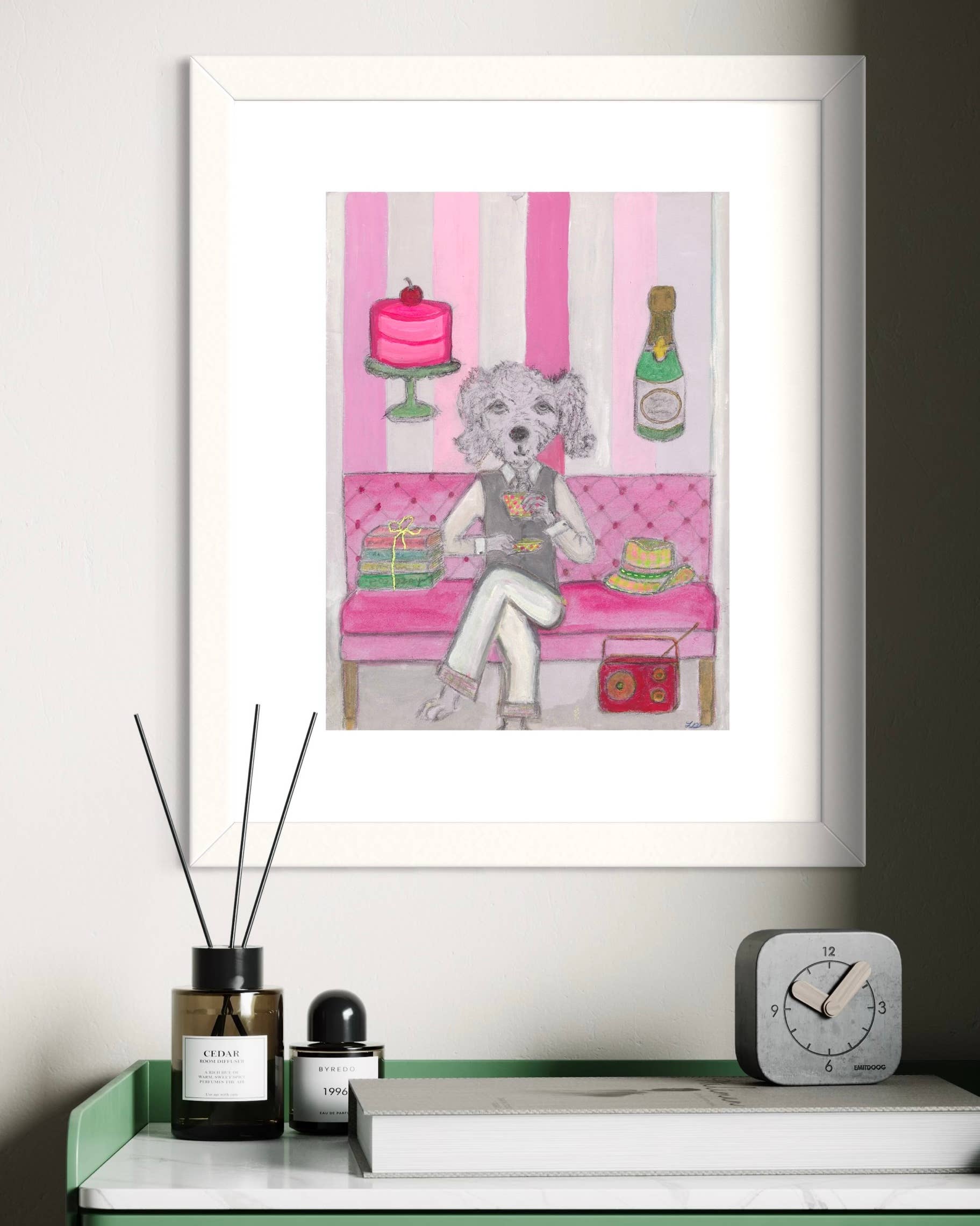Bernie Street Studios - Wholesale Art Print - A Good Life original print sophisticated dog on pink couch1