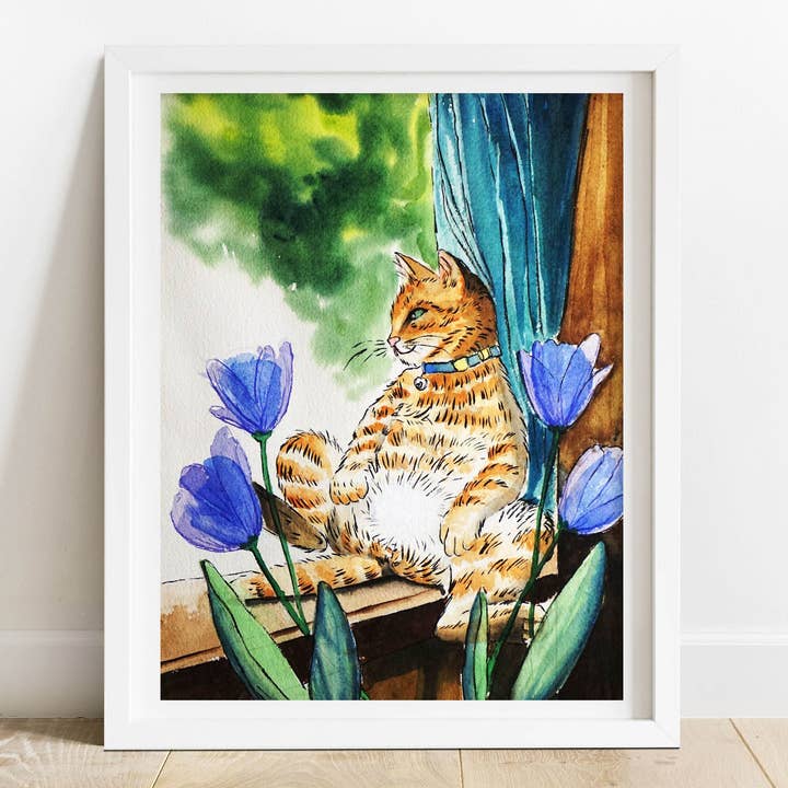 Watercolor Cat Art Print - cute cat giclee art print for wholesale by Zoee Xiao Artworks