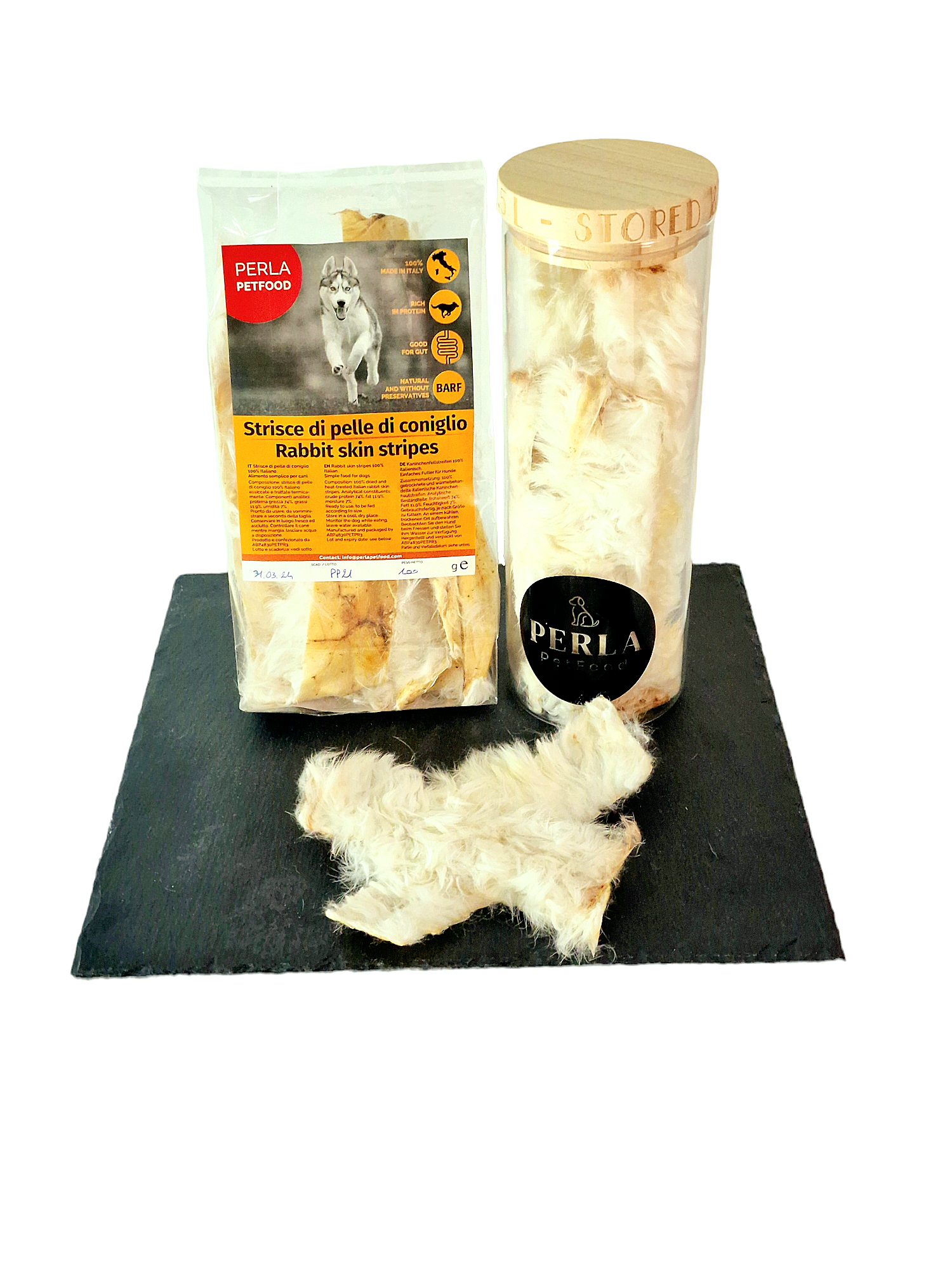Perla PetFood - Vente Friandises – chien - Bâtonnets de peau de lapin BARF 100 % fabriqués en Italie1