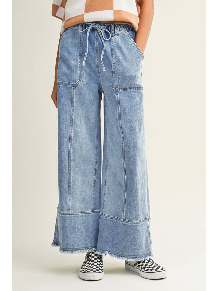 Little Daisy Closet - Wholesale Jeans - Women's - LDC Drawstring Seam Detail Raw Hem Wide Leg Denim Pants11
