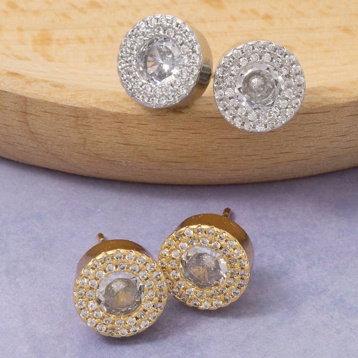 Cz Double Halo Stud Earrings for wholesale by Fame Accessories