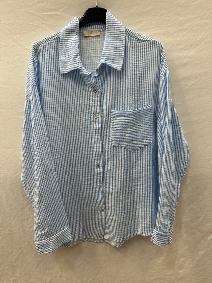 Mimi & Gogo - Wholesale Button Down Shirt - Women's - Striped Cotton Gauze Shirt Pocket @3230_ChRPoche