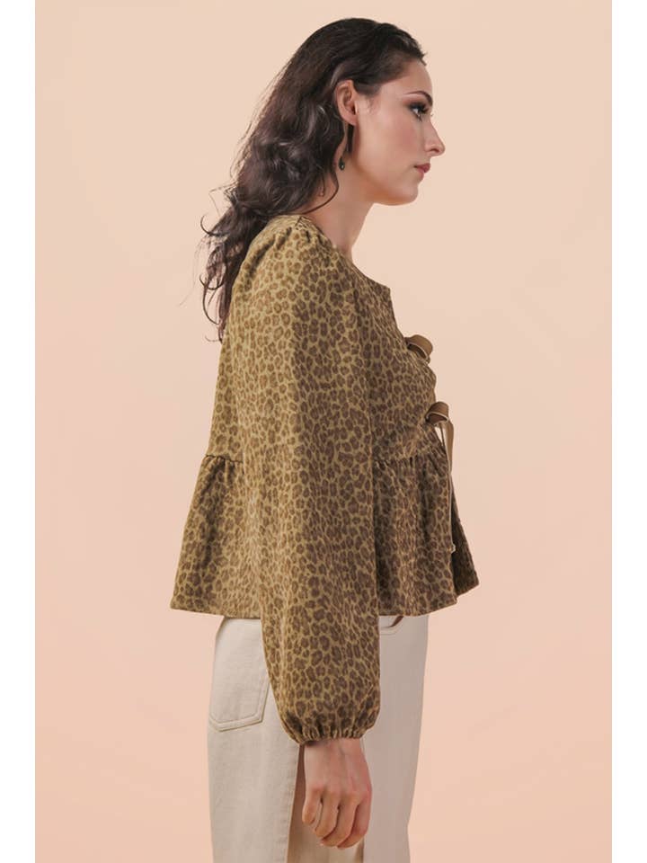 VERY J - Wholesale Blouse - Women's - NT12244-Leopard Printed Front Tie Woven Blouse Top12