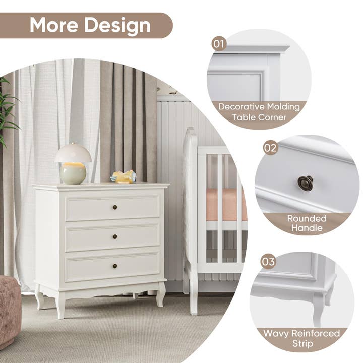Heynemo - Wholesale Cabinet - White 3 Drawer Dresser for Bedroom, Wide Chest of Drawers2