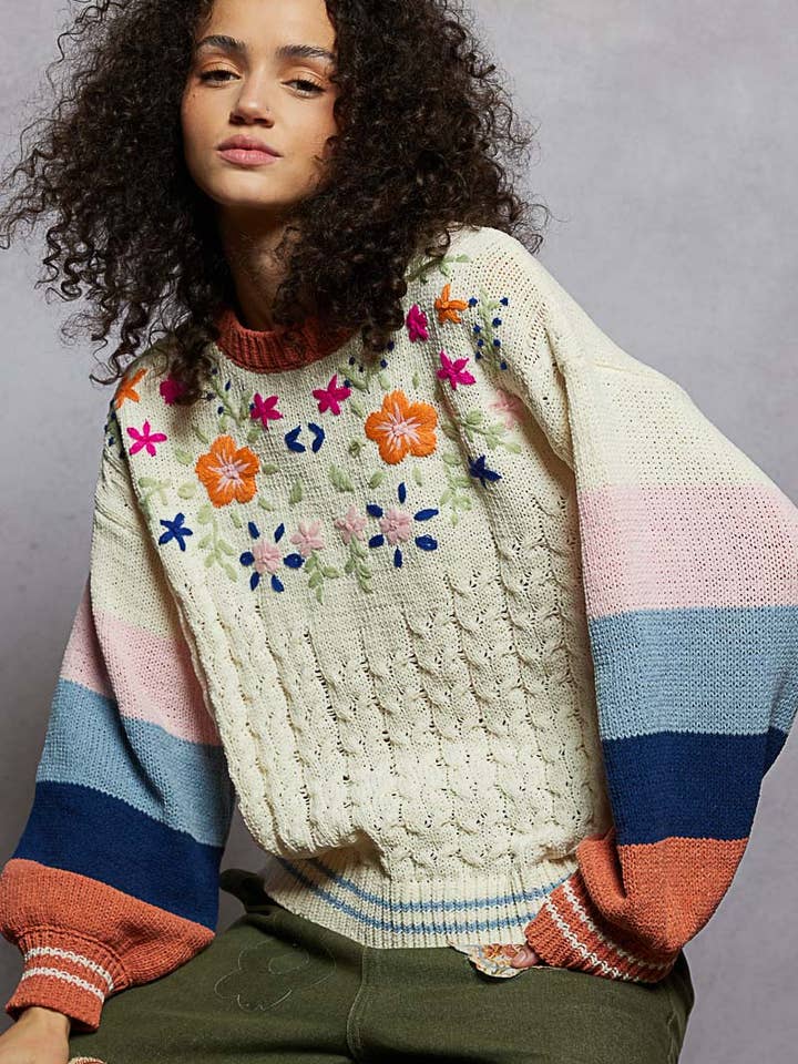 Haut en chenille brodé à motif floral en blocs de couleur pour la vente par Pol Clothing