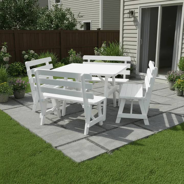 Keystone Amish Co. 5-Piece Wood Outdoor Dining Set with Backed Benches for wholesale by The Porch Swing Company