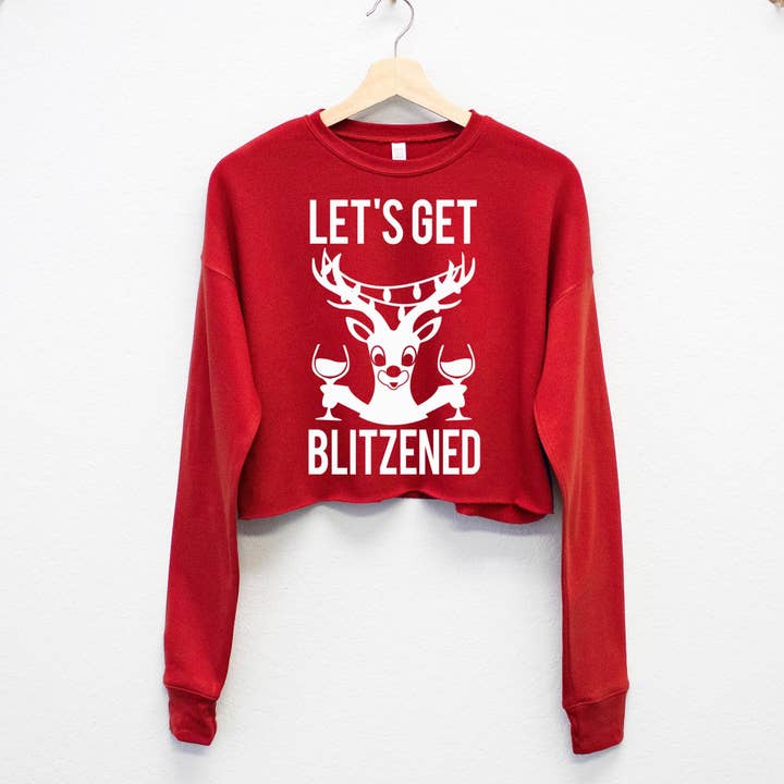 Nobullwoman Apparel - Wholesale Graphic Sweatshirt - Women's - Let's Get Blitzened Wine Cropped Ugly Christmas Sweater