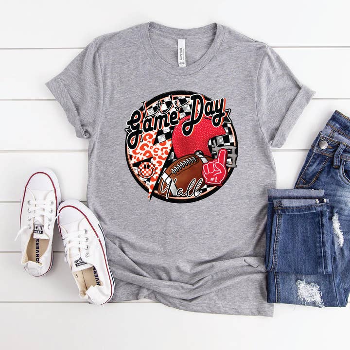 Red Game Day Checkered Circle Spirit Tee- Volleyball Graphic T-shirt for wholesale by Southern Attitude Designs Inc