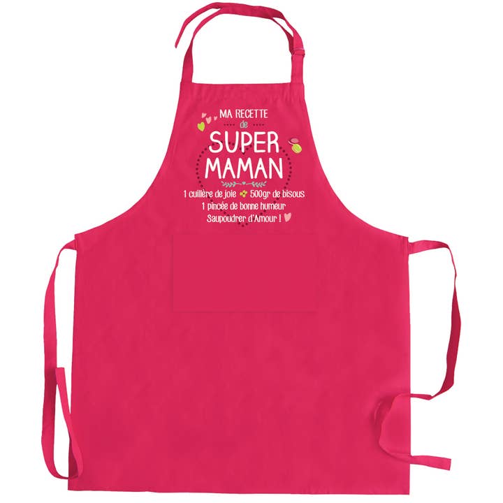 My Recycled Super Mom Recipe Pink Cooking Apron for wholesale by Maison Vivaraise & La Cerise sur le Gâteau