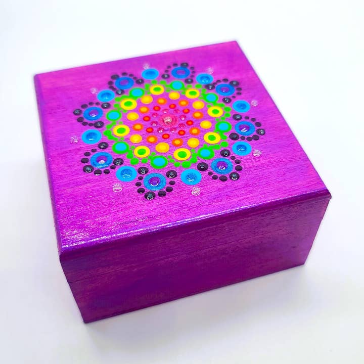 Handpainted Rainbow Dot Mandala Keepsake Box #4 for wholesale by Slightly Askew Art