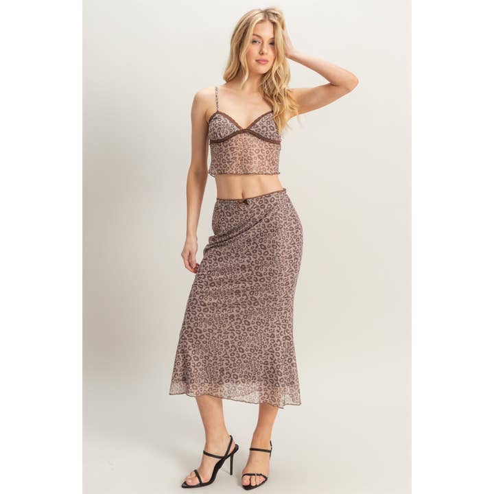 BROWN LEOPARD HF25C765-SET-Leopard Mesh Cami Top And Skirt Set for wholesale on Faire