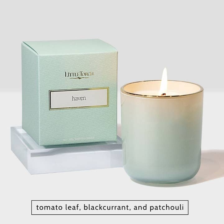 haven candle (tomato leaf, blackcurrant, and patchouli) for wholesale by Little Torch