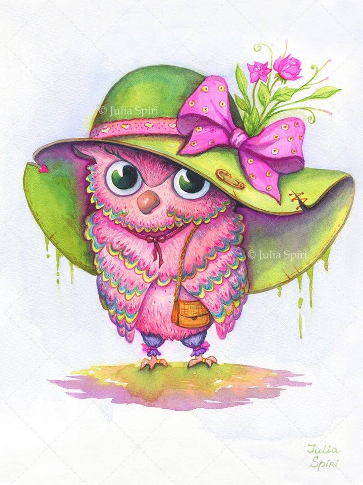 Akvarell Originalmålning. Uggla Fashionista för wholesale av Julia Spiri