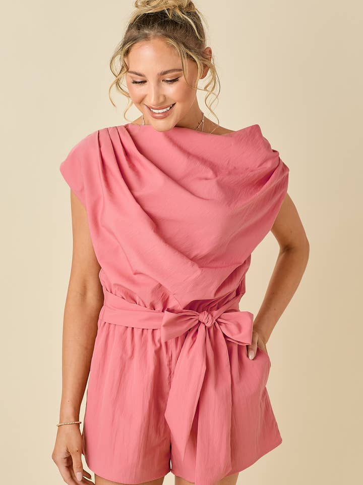 BABY PINK - Wholesale Romper - Women's - Draped unbalanced drop shoulder romper13