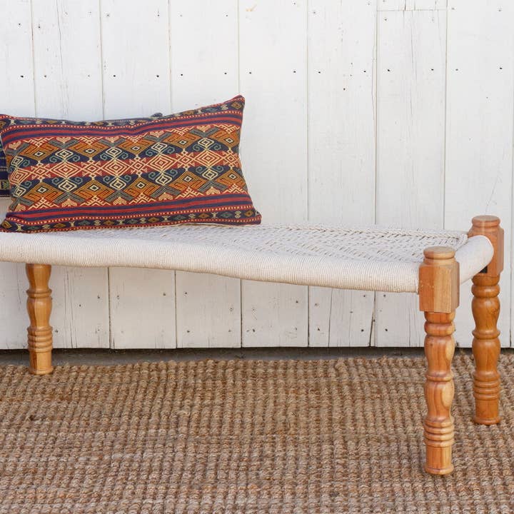 De-cor - Wholesale Bench - Bleached Wood Charpai Woven Top Bench0