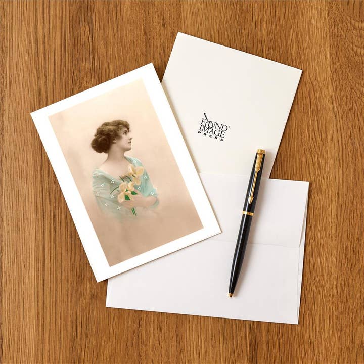Found Image Press - Wholesale Stationery/Notecard Set - Greeting Card BW-26 Woman with Flowers1