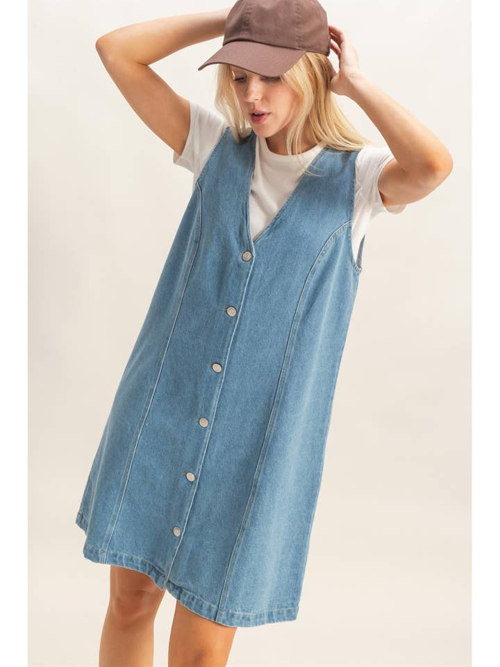 V-Neck Button-Front Denim Dress for wholesale by HYFVE