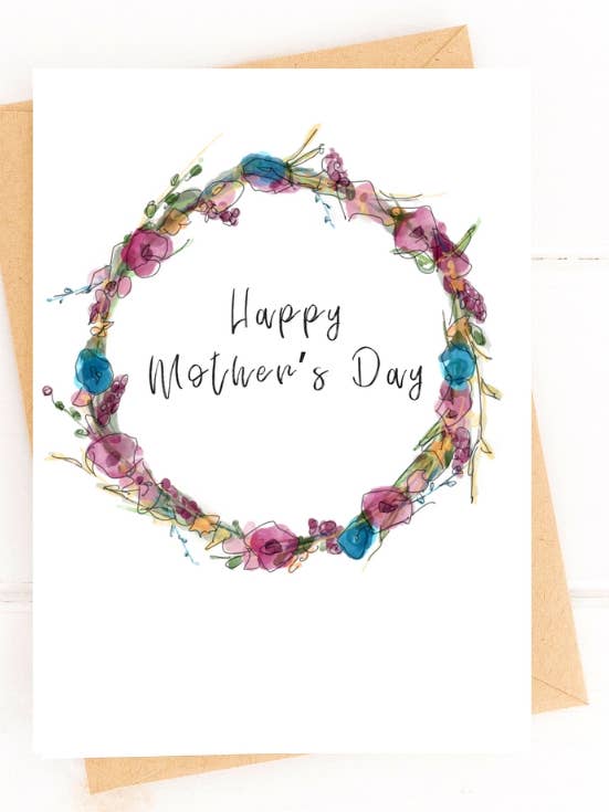 Biglietto per la festa della mamma con ghirlanda floreale ad acquerello per la vendita all'ingrosso da parte di Five Dot Post