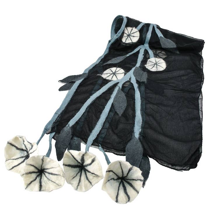 BNB Crafts Inc. - Wholesale Scarf - Women's - Black Chiffon Scarves with Felted Flower Hanging1