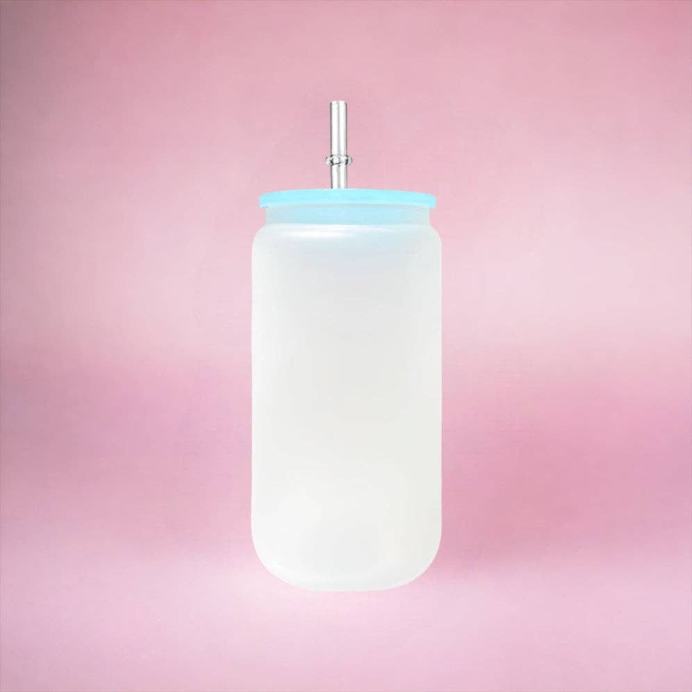 OMG Cups! - Wholesale Drinking Glass/Cup - Frosted Sublimation Glass Can (Plastic Colorful Lids) 16oz1