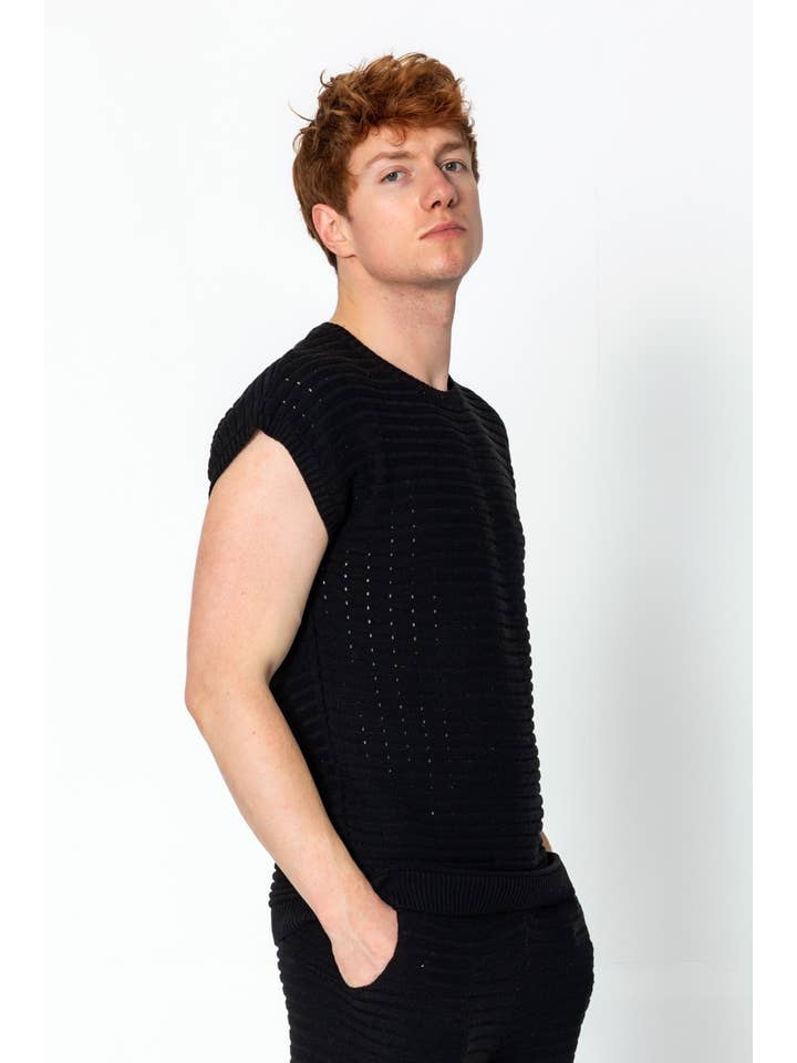 Men's Eyelet Short Sleeve Knit Top And Shorts Set - Black for wholesale on Faire