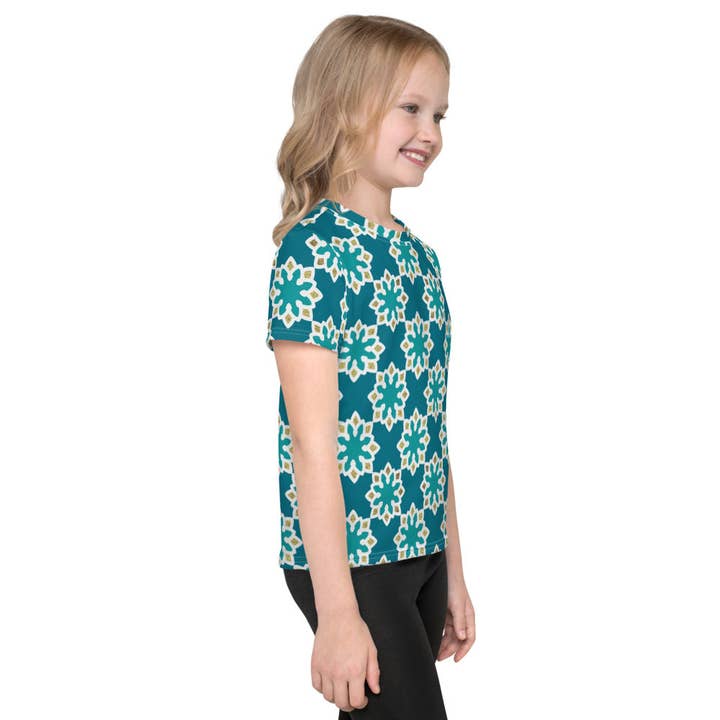 Børn T-shirt med rund hals 2T til 7 år - Arabesque blomster i Aqua og Guld for engroshandel hos The Shamal
