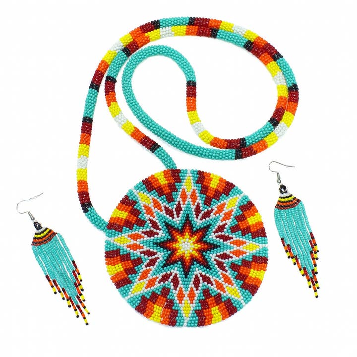 Sea Green Multi color Sunburst Beaded Pendant Necklace & Earrings Set for wholesale by BEADS CORNER