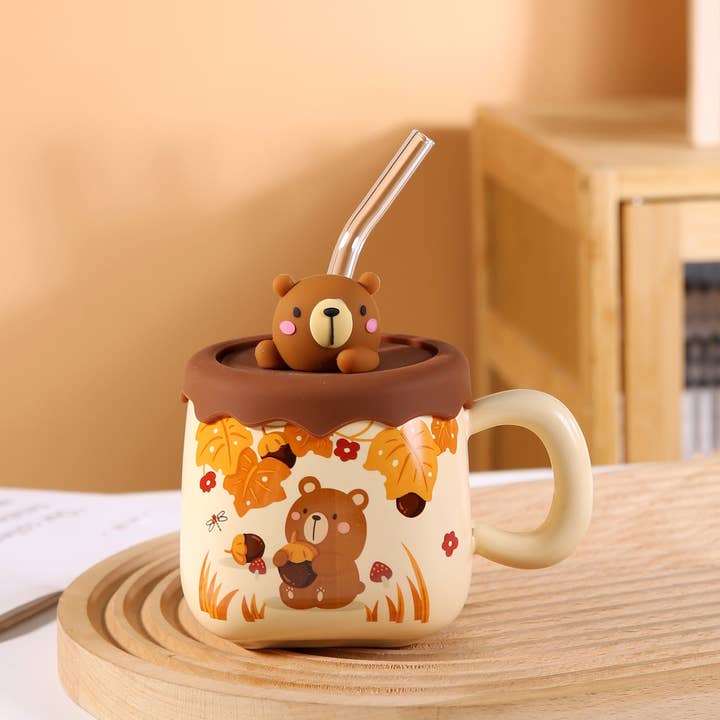 Urban Tokyo - Wholesale Coffee Mug - Cute Bear 13oz Mug With Lid and Straw