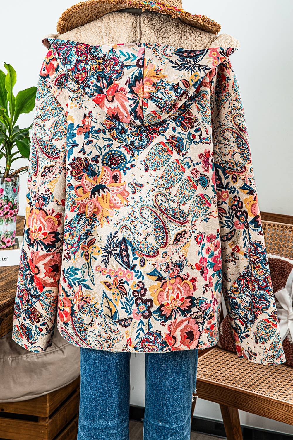 As shown Fashion-W Vintage Paisley Floral Sherpa Lined Hooded Jacket for wholesale on Faire3