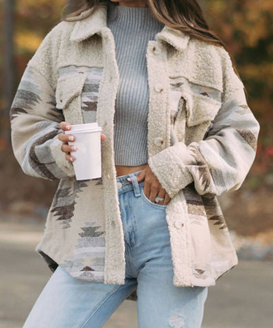 MULTI Western Aztec Print Sherpa Splicing Buttoned Flap Pocket Coa for wholesale on Faire