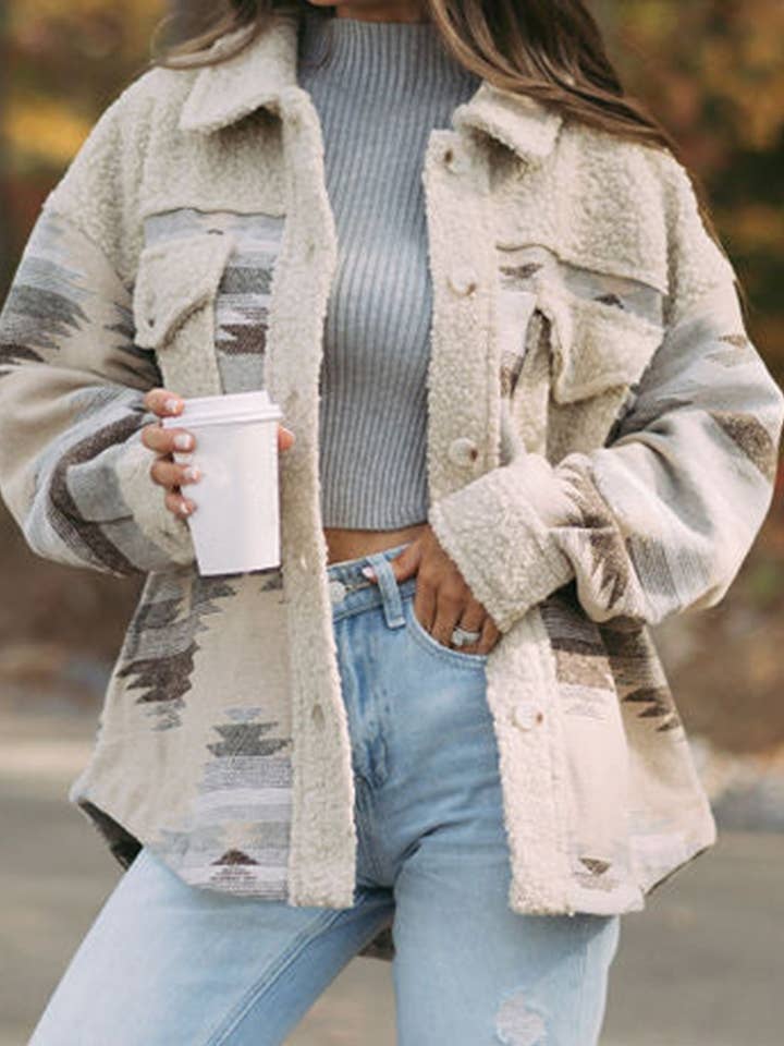 MULTI Western Aztec Print Sherpa Splicing Buttoned Flap Pocket Coa for wholesale on Faire0