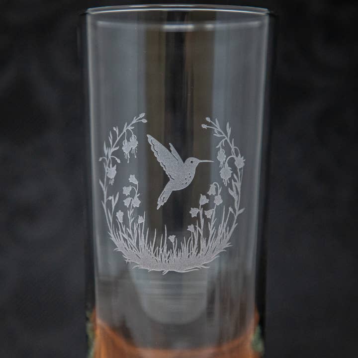 Hummingbird Floral Etched Drinkware Barware for wholesale by Gifts of Glass & Wear
