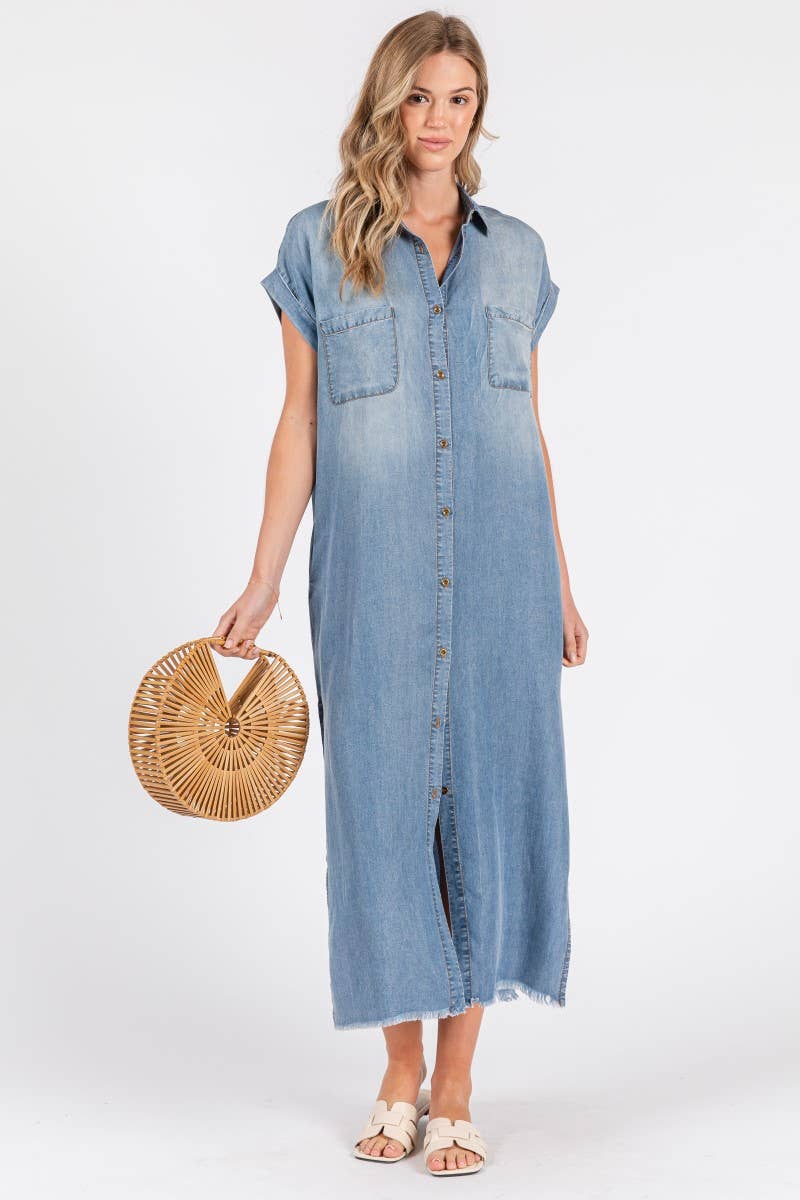 ZiA Apparel - Wholesale Jurk - Dames - Maxi spijkerjurk met korte mouwen en overhemdstijl18