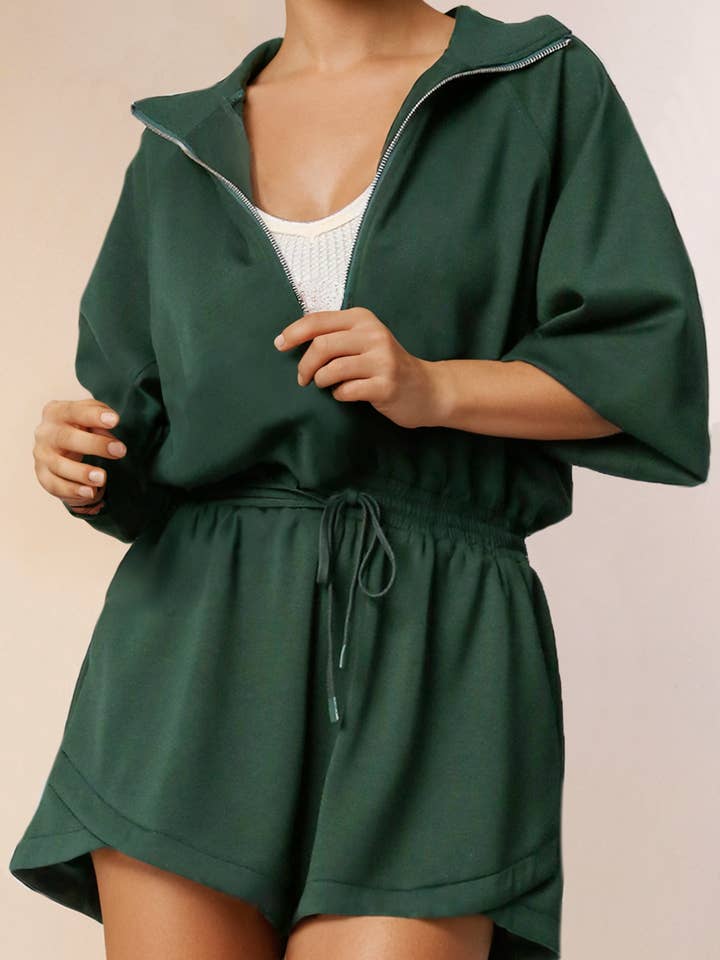 Solid Long Sleeve Zip-up Drawstring Romper for wholesale by LA Society