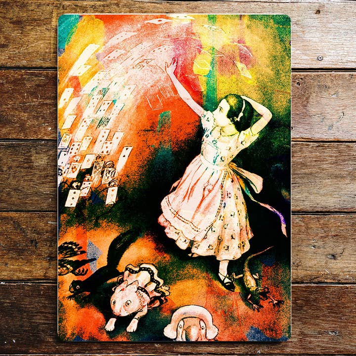 Targa in metallo con scritta «Alice nel Paese delle Meraviglie» con scritta «All The Cards» per la vendita all'ingrosso da parte di The British Metal Signs Company